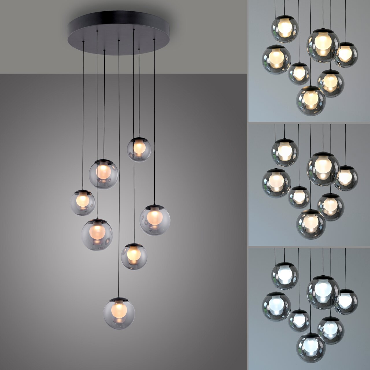Moderne LED-Pendelleuchte mit mehreren kugelförmigen Glaskörpern, von unten betrachtet.