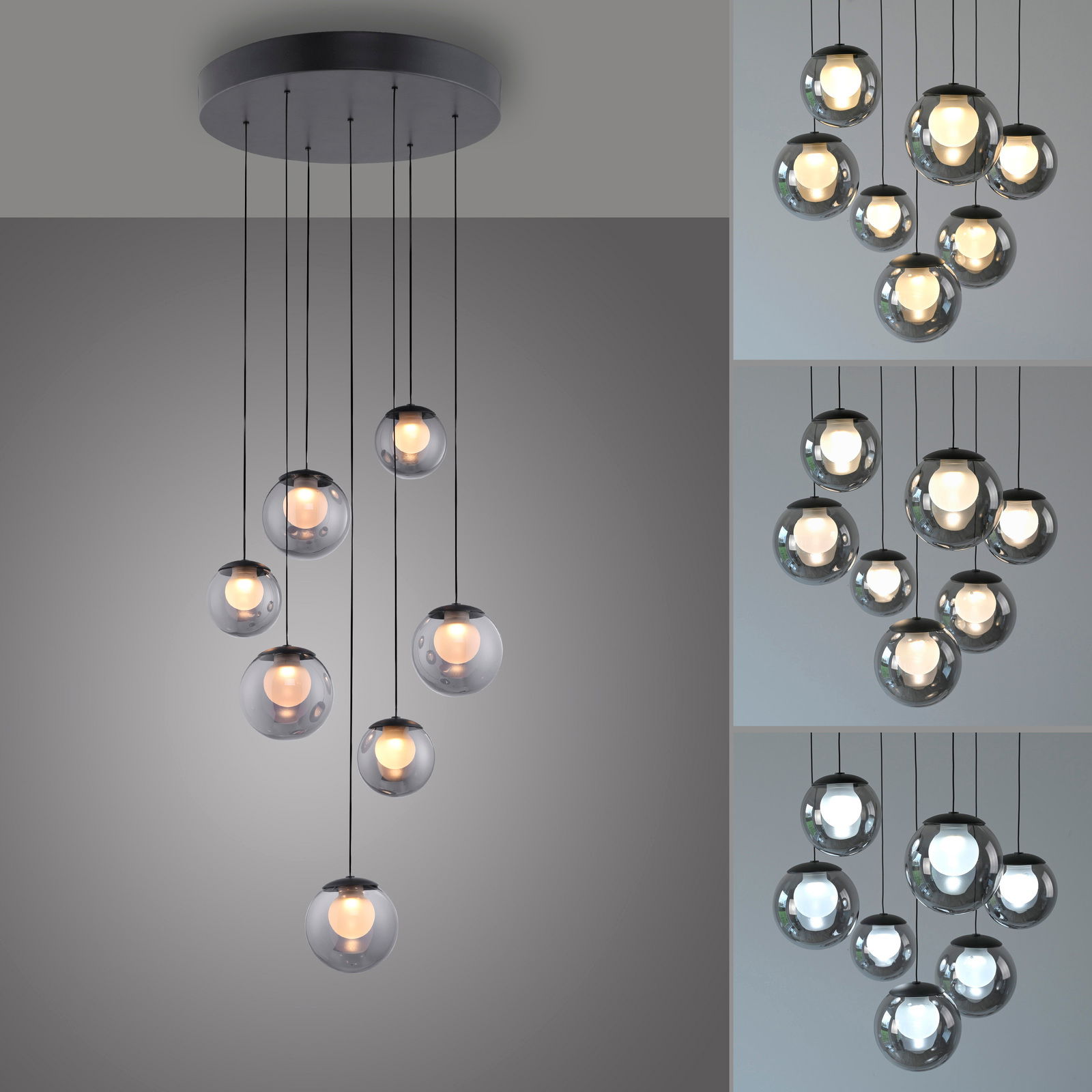 Moderne LED-Pendelleuchte mit mehreren kugelförmigen Glaskörpern, von unten betrachtet.