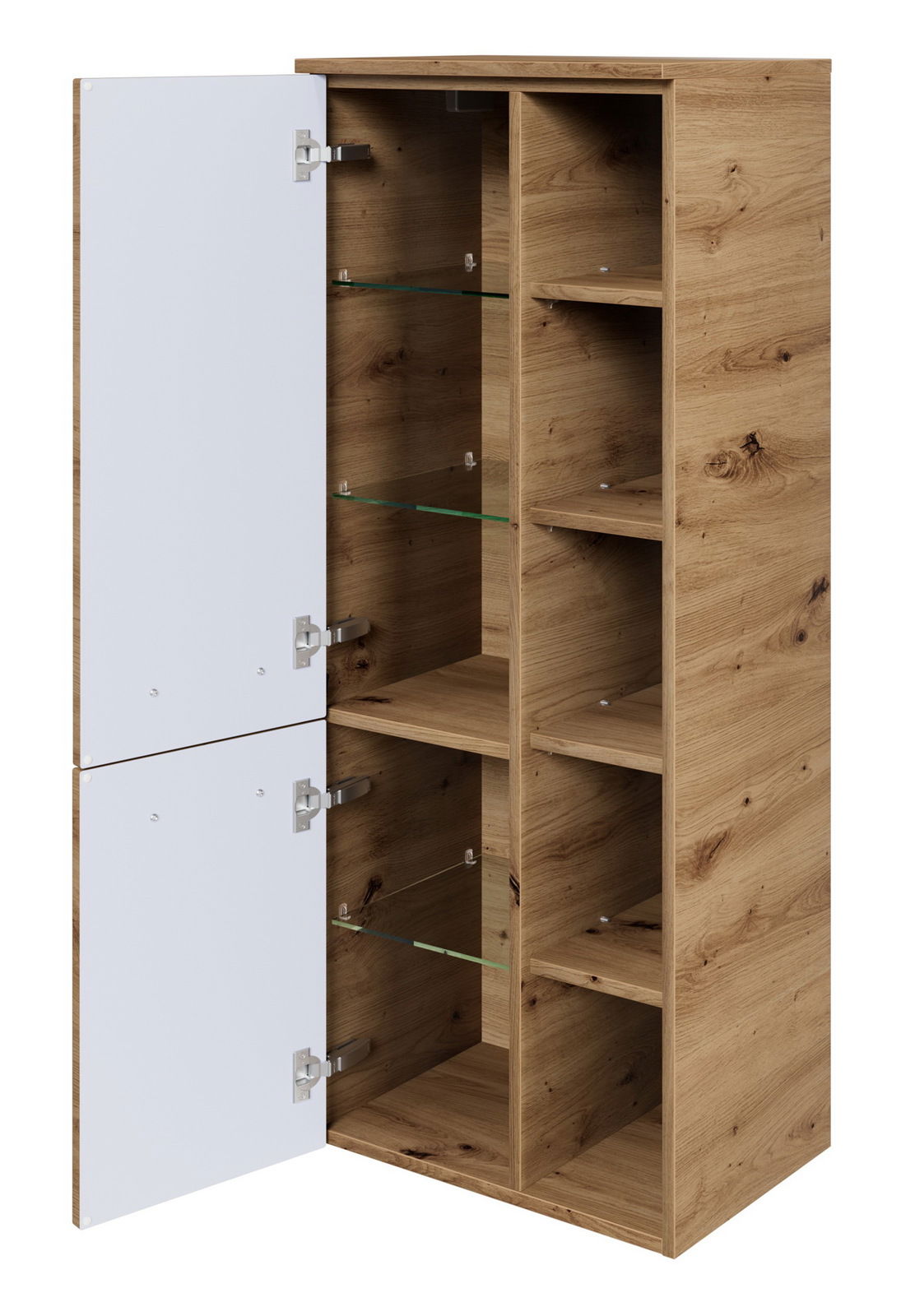 Midischrank aus Holz mit offenen Türen, zeigt mehrere Regalböden aus Glas und Holz, Perspektive von vorne links