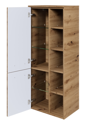 Midischrank aus Holz mit offenen Türen, zeigt mehrere Regalböden aus Glas und Holz, Perspektive von vorne links