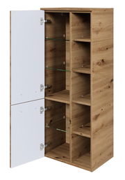 Midischrank aus Holz mit offenen Türen, zeigt mehrere Regalböden aus Glas und Holz, Perspektive von vorne links