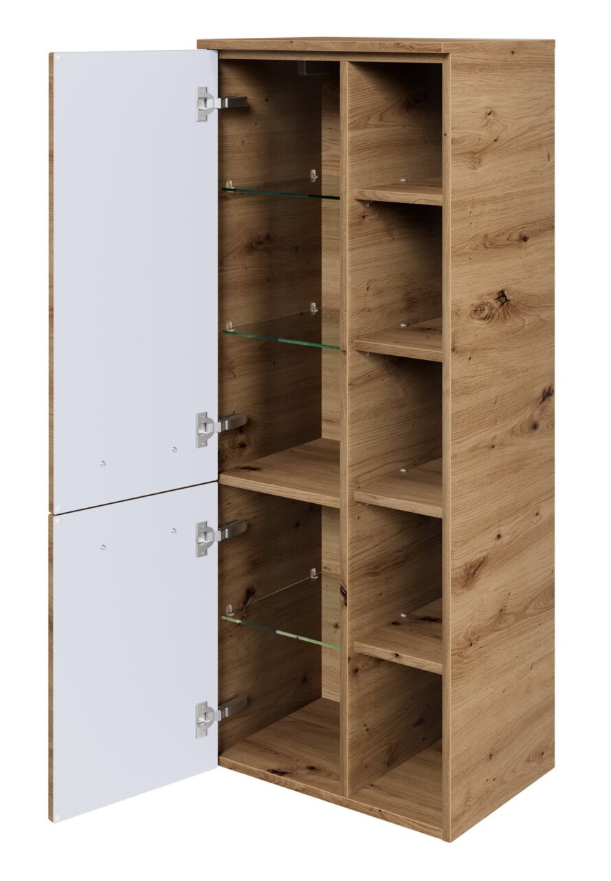 Sadena Midischrank PLAKA Midischrank aus Holz mit offenen Türen, zeigt mehrere Regalböden aus Glas und Holz, Perspektive von vorne links