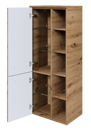 Midischrank aus Holz mit offenen Türen, zeigt mehrere Regalböden aus Glas und Holz, Perspektive von vorne links