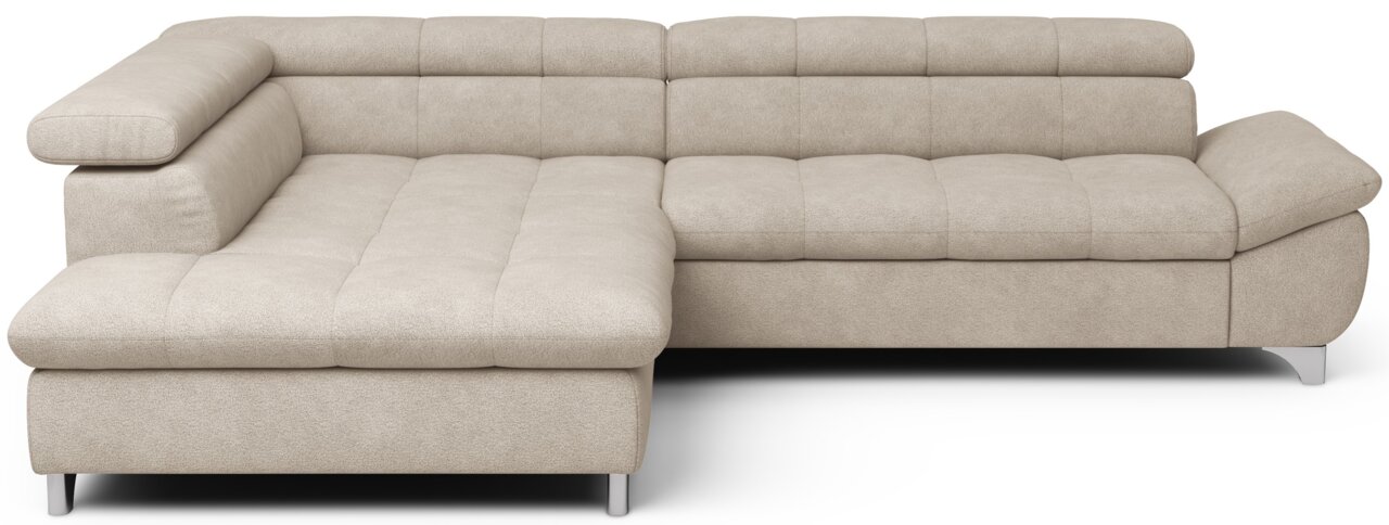 Beiges L-förmiges Ecksofa mit linker Ottomane, gepolsterten Armlehnen und Metallfüßen, Frontansicht.