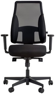 Schwarzer Drehstuhl mit Netzrückenlehne und Armlehnen, Vorderansicht