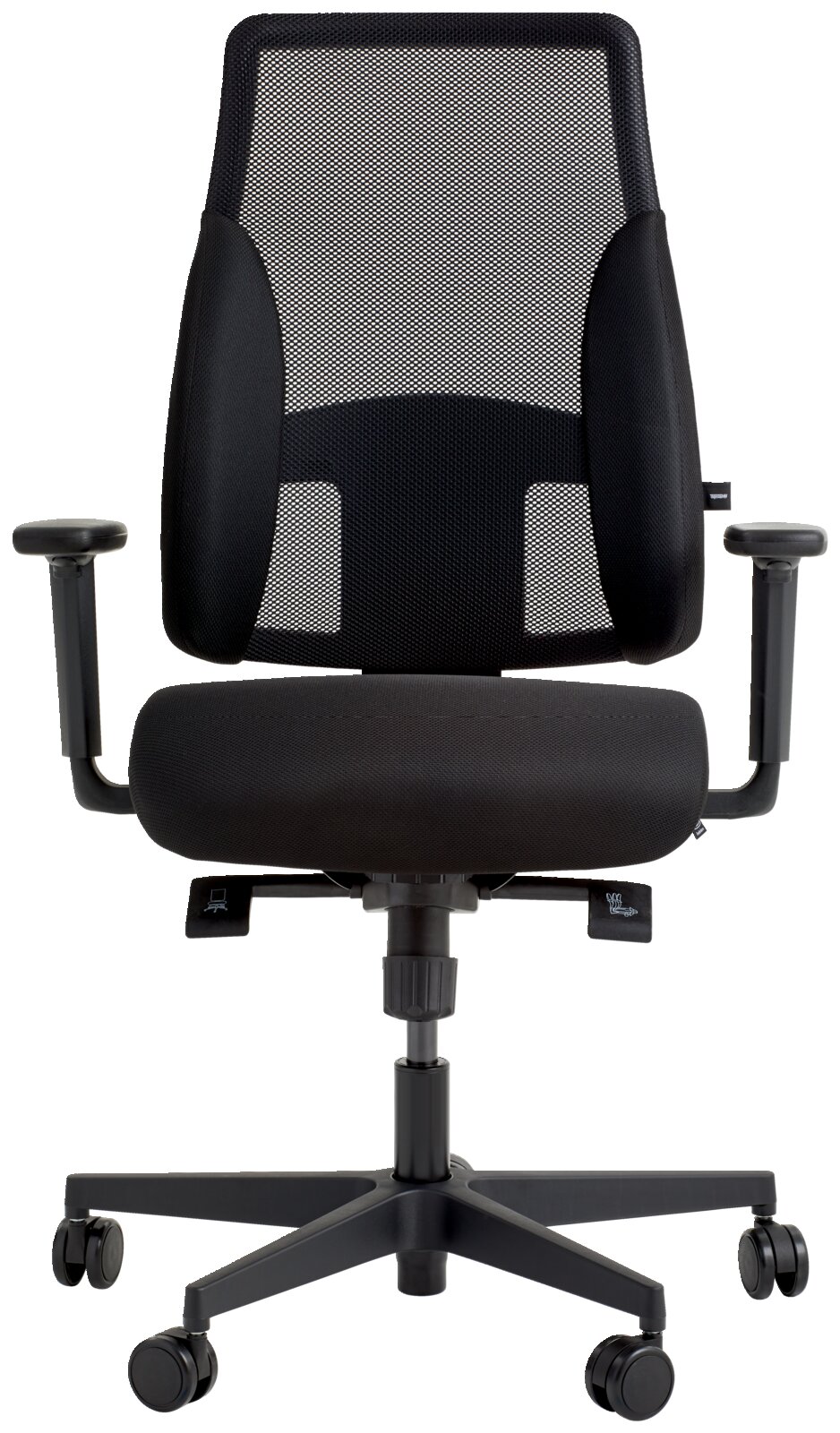 Schwarzer Drehstuhl mit Netzrückenlehne und Armlehnen, Vorderansicht