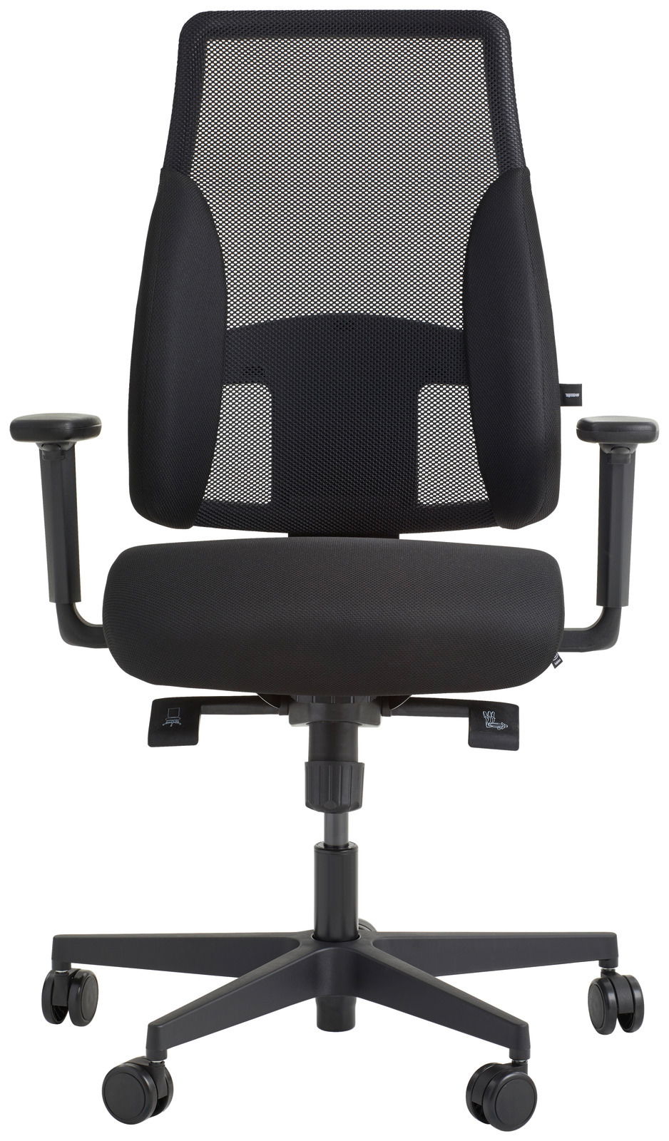 Schwarzer Drehstuhl mit Netzrückenlehne und Armlehnen, Vorderansicht