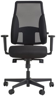 Schwarzer Drehstuhl mit Netzrückenlehne und Armlehnen, Vorderansicht