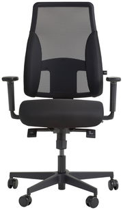 Schwarzer Drehstuhl mit Netzrückenlehne und Armlehnen, Vorderansicht