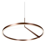 Moderne LED-Pendelleuchte in Ringform aus gebürstetem Kupfer mit warmweißem Lichtband, freigestellt auf weißem Hintergrund, Ansicht leicht von unten in Frontperspektive