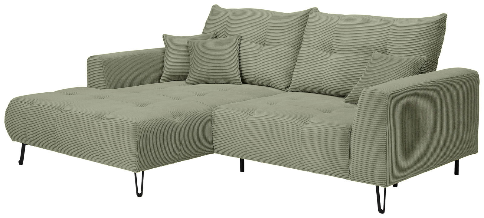 Grünes Ecksofa mit Ottomane links, aus geripptem Stoff, mit zwei Kissen, Perspektive von vorne rechts
