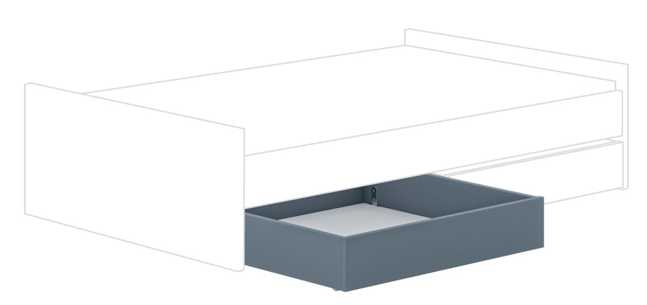 Paidi Bettkasten schmal LITTLE FLO Bettkasten schmal in grauer Farbe, perspektivisch von der Seite gezeigt, teilweise unter einem Bettgestell hervorgezogen.