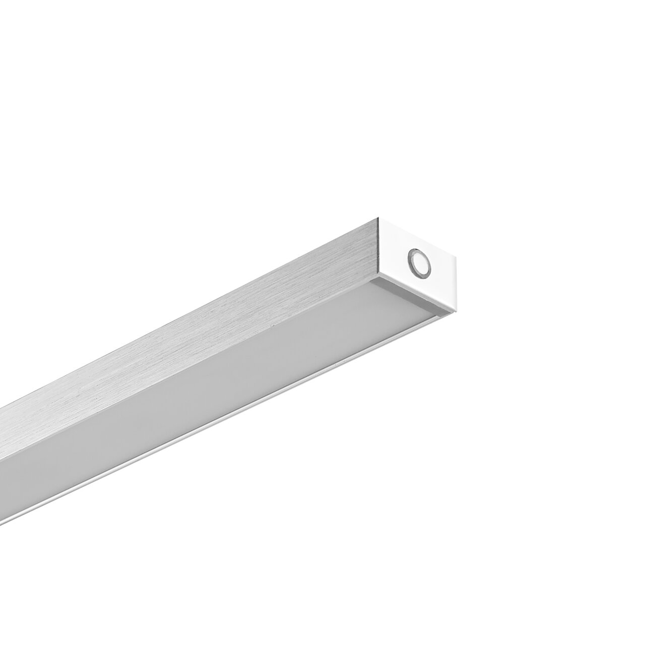 Slanke LED-inbouwlamp van geborsteld aluminium met een opale afdekking, schuin van onderaf in perspectief weergegeven (close-up van het eindstuk)