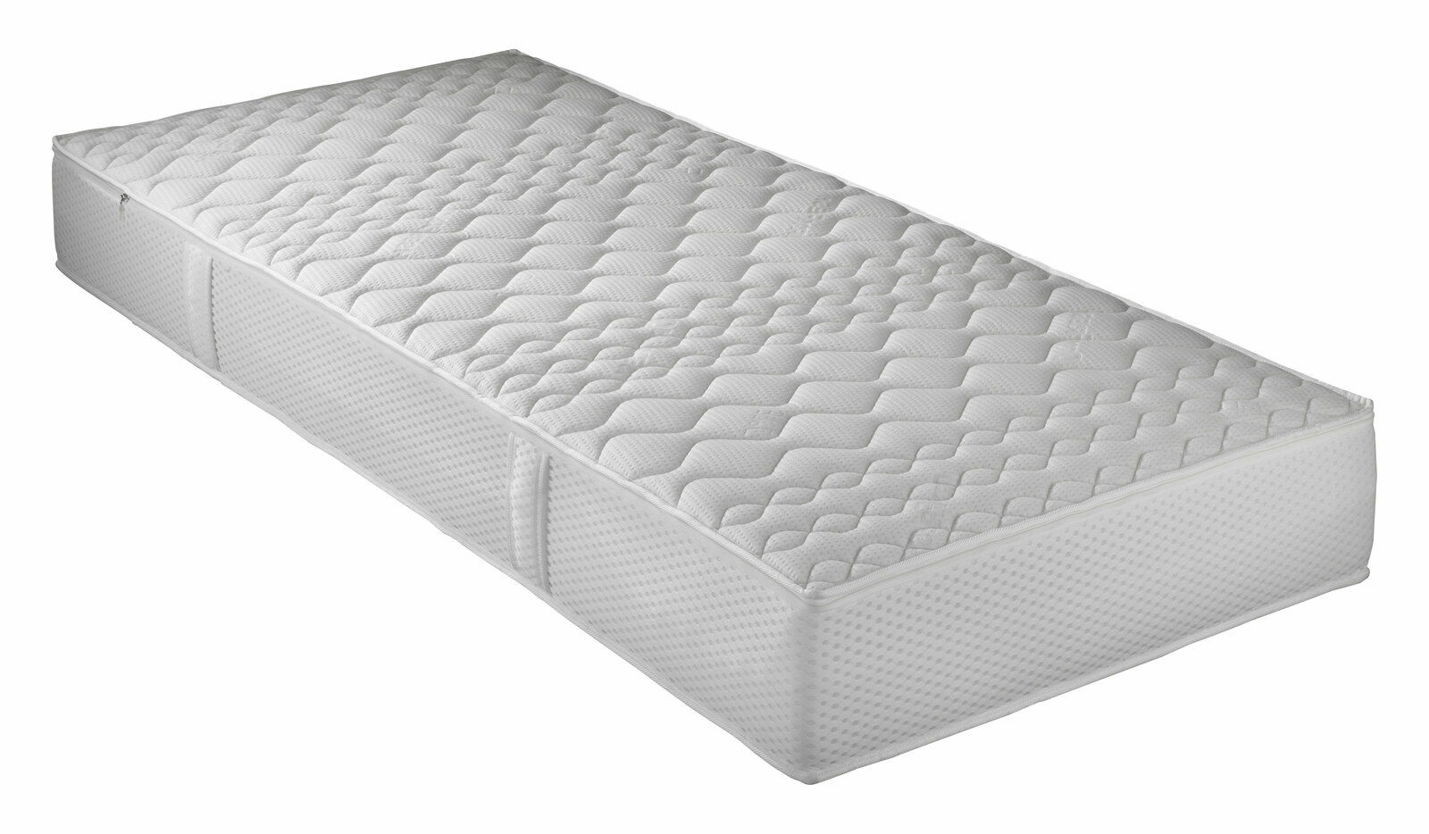 Taschenfederkernmatratze in seitlicher Perspektive, zeigt die strukturierte Oberfläche und die seitlichen Griffe.