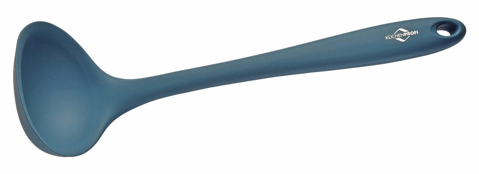 Blauer Schöpflöffel aus Kunststoff, seitliche Perspektive