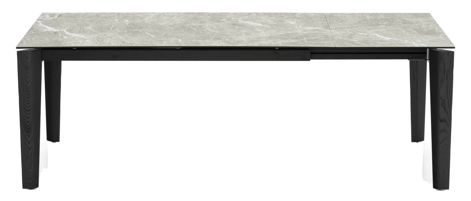 Moderner Esstisch mit grauer Marmoroptik-Tischplatte und schwarzen Holzbeinen, frontal betrachtet.