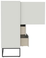 Seitenansicht eines modernen Highboards mit geöffneten Schubladen, minimalistisches Design mit Metallgestell.