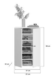 Frontale Ansicht einer Garderobenkombination mit offenen Regalfächern, dekoriert mit einem Pflanzenarrangement und Büchern auf der Oberseite. Maße: 99 cm hoch, 61 cm breit, 34 cm tief.