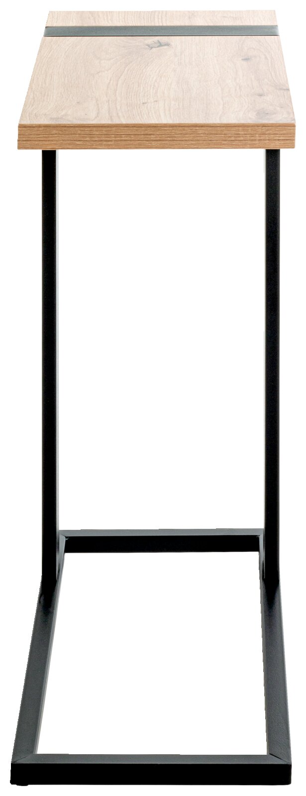 Moderne bijzettafel met houten blad en zwart metalen onderstel, vooraanzicht