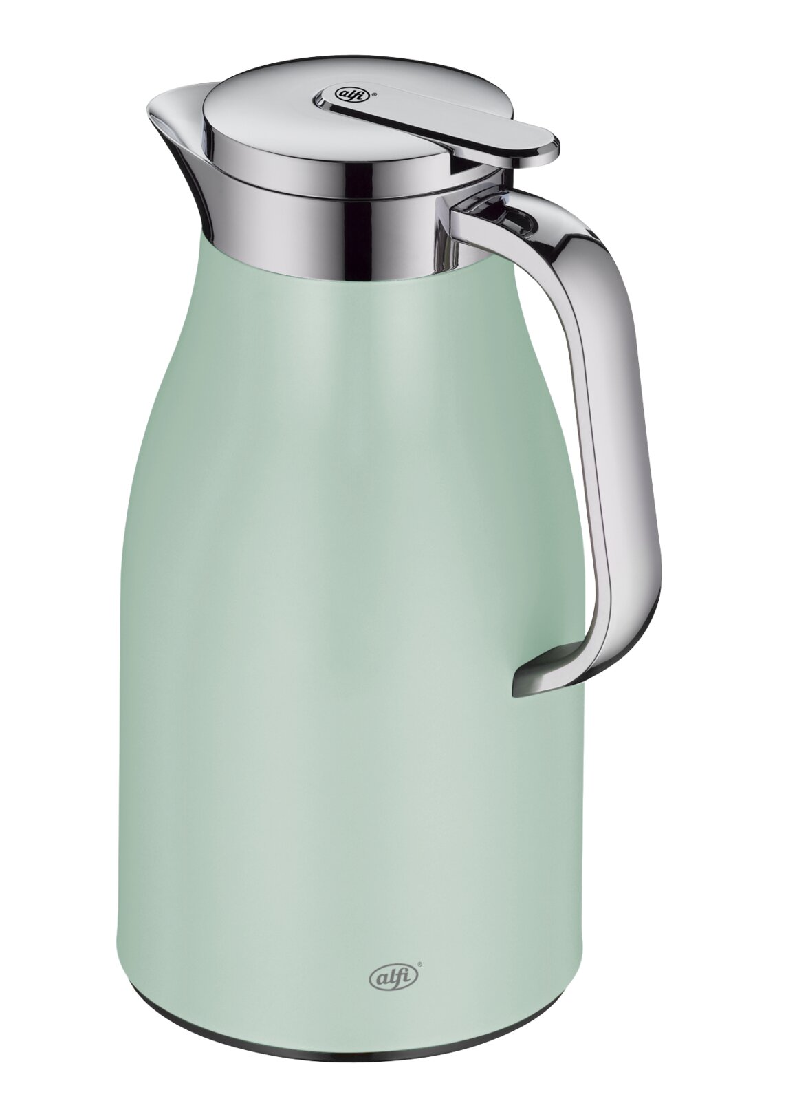 Isolierkanne Skyline in mintgrün mit silbernem Deckel und Griff, seitliche Perspektive
