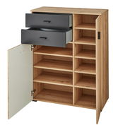 Garderoben-Set mit offenen Regalfächern und zwei ausgezogenen Schubladen, Perspektive von vorne