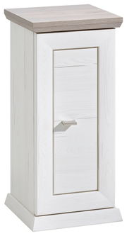 Weißer Beistelltisch mit einer Tür, Holzoptik, Frontansicht