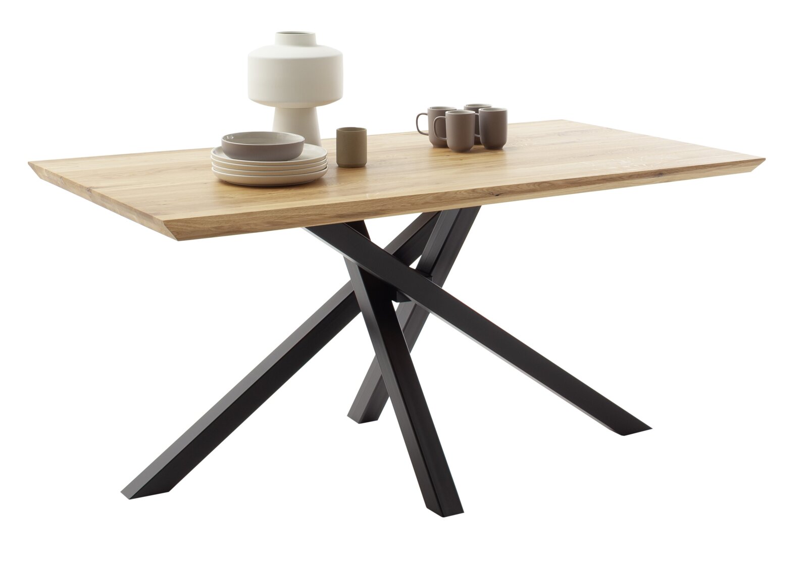 Moderner Esstisch mit Holzplatte und schwarzen Metallbeinen, seitliche Perspektive