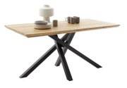 Moderner Esstisch mit Holzplatte und schwarzen Metallbeinen, seitliche Perspektive