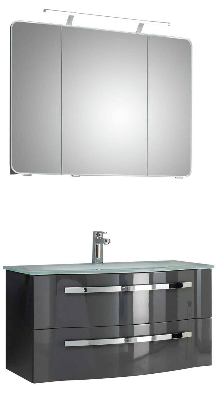 Moderner Badblock mit Spiegel und Waschbecken, Frontalansicht