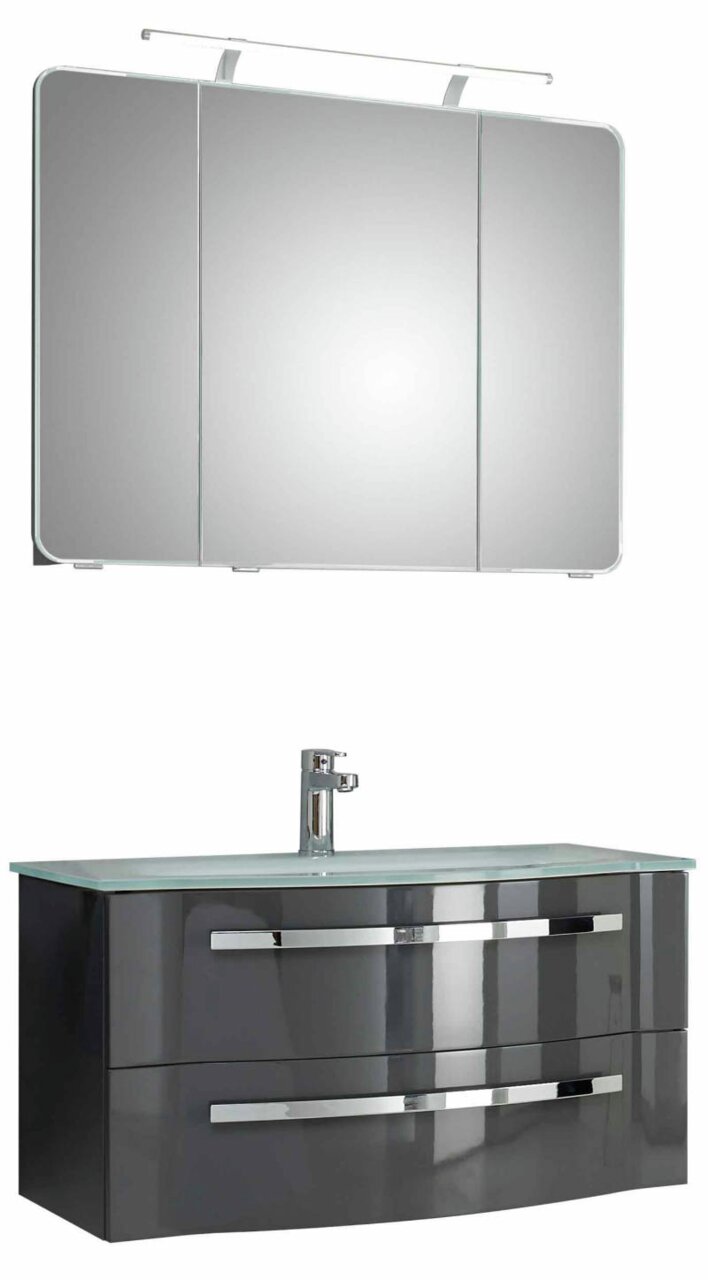 Moderner Badblock mit Spiegel und Waschbecken, Frontalansicht