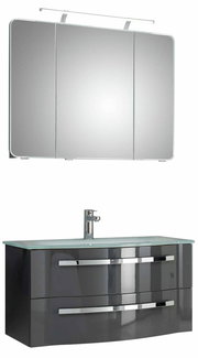 Moderner Badblock mit Spiegel und Waschbecken, Frontalansicht