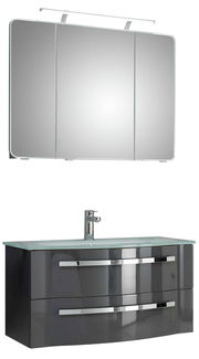 Moderner Badblock mit Spiegel und Waschbecken, Frontalansicht