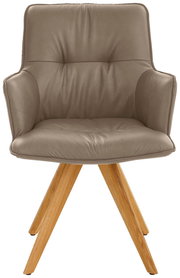 Design-Schalensessel in Frontansicht mit gepolstertem Sitz und Holzbeinen