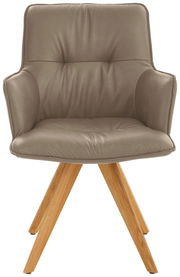 Design-Schalensessel in Frontansicht mit gepolstertem Sitz und Holzbeinen