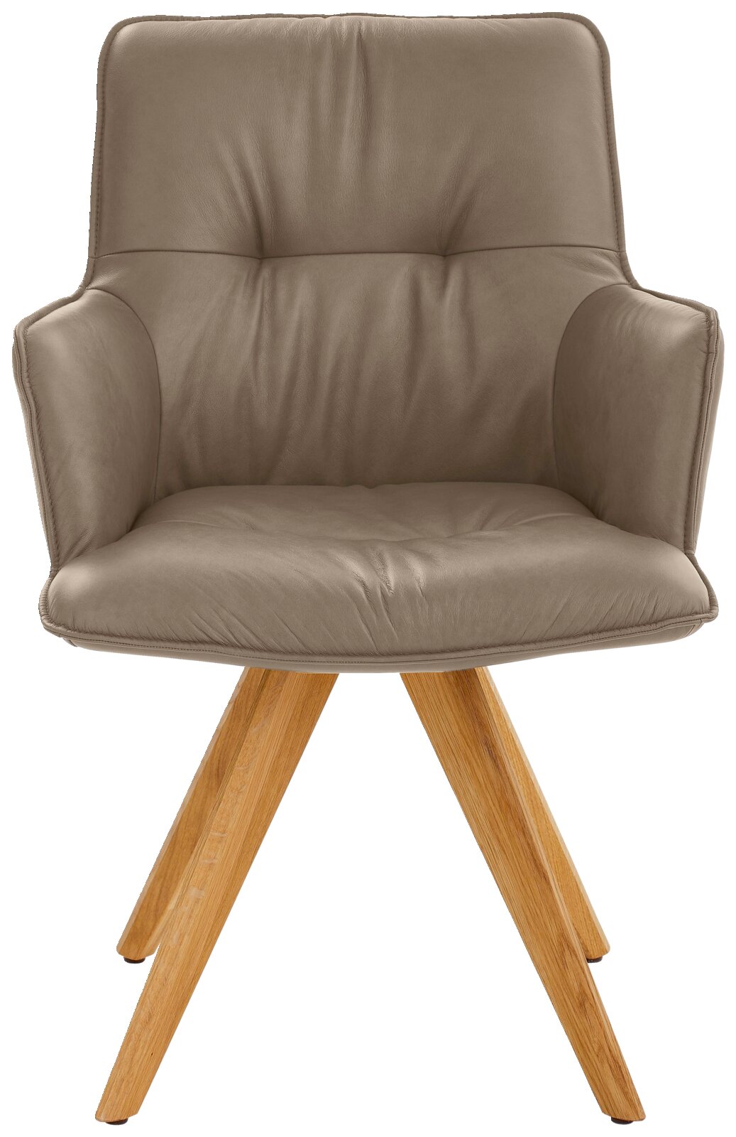 Design-Schalensessel in Frontansicht mit gepolstertem Sitz und Holzbeinen
