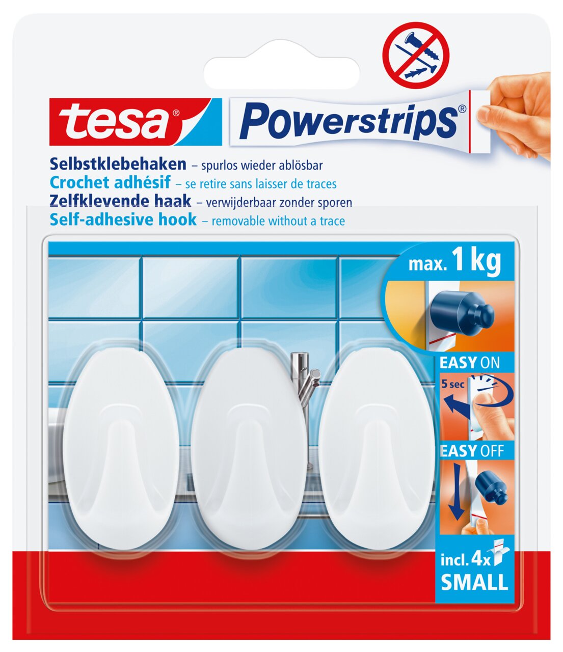 Drei weiße, selbstklebende Haken von tesa Powerstrips in der Verpackung, frontal abgebildet, geeignet für eine Belastung bis zu 1 kg.