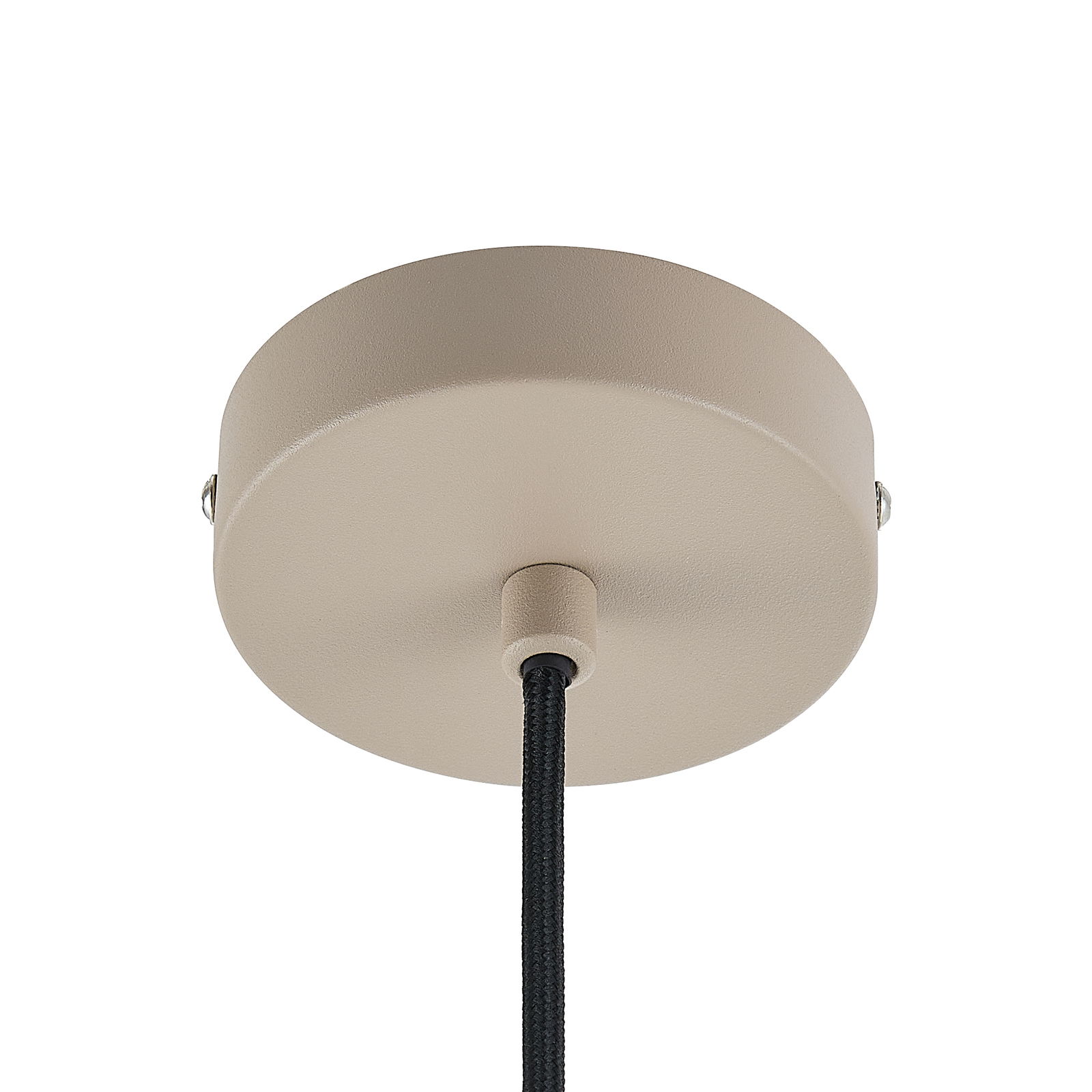 Beige Deckenhalterung einer Hängeleuchte mit schwarzem Kabel, Ansicht von unten.
