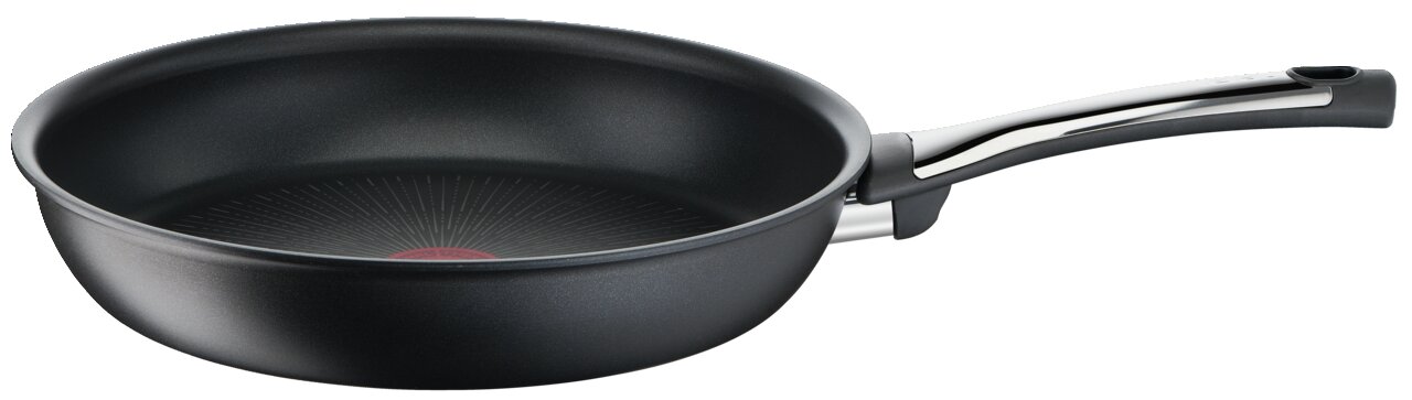 Bratpfanne Excellence 28cm, seitliche Perspektive mit schwarzer Antihaftbeschichtung und ergonomischem Griff.