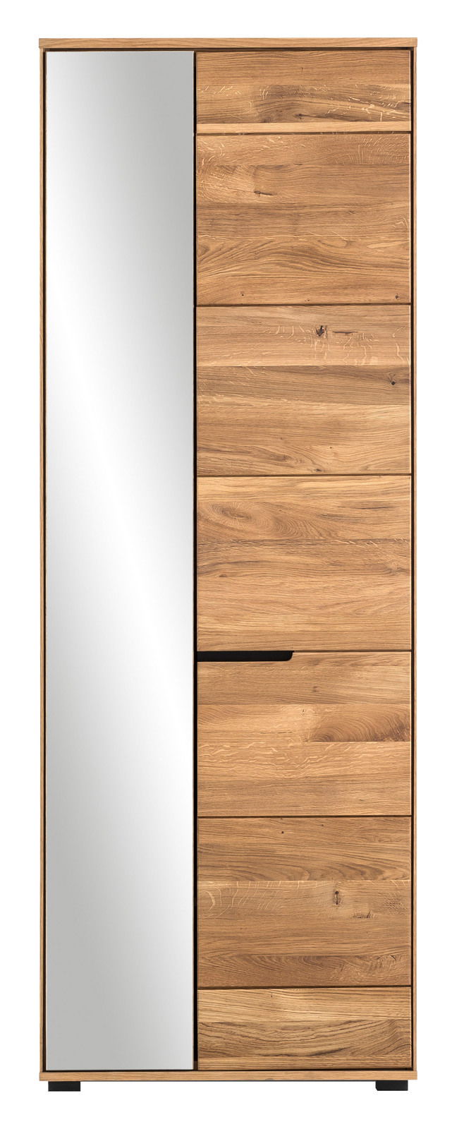 Linea Natura Garderobenschrank LOLA Frontansicht eines Garderobenschranks mit Holzoptik und integriertem Spiegel auf der linken Seite.