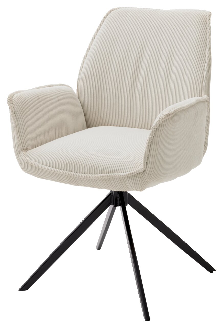 Moderner Armlehnstuhl mit cremefarbenem Stoffbezug und schwarzem Metallgestell, seitliche Perspektive