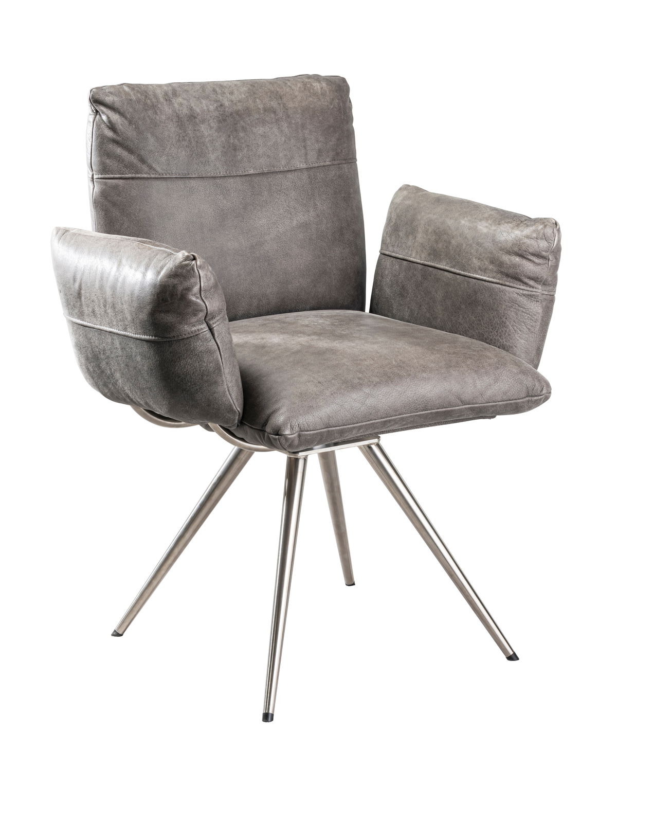 Grauer Sessel mit gepolsterten Armlehnen und Metallbeinen, seitliche Perspektive