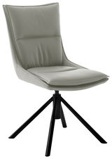 Moderner Stuhl mit gepolsterter Rückenlehne und Sitzfläche, schwarzes Metallgestell, seitliche Perspektive