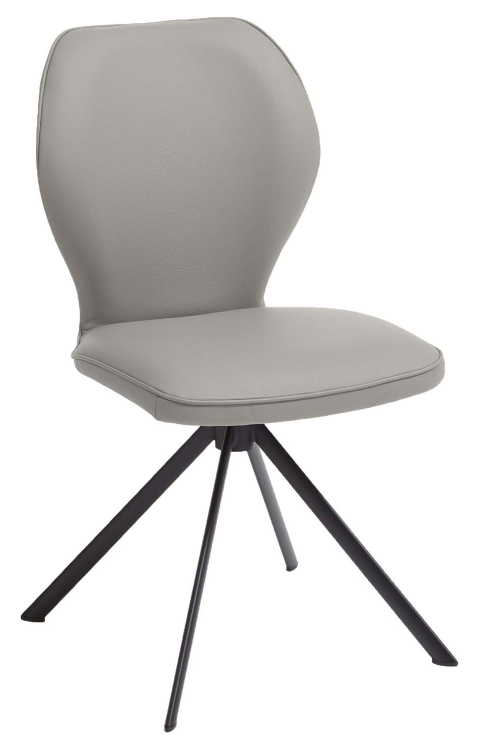 Moderner grauer Stuhl mit gepolsterter Sitzfläche und Rückenlehne, auf schwarzem Metallgestell, seitliche Perspektive