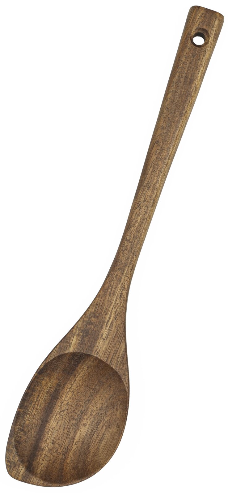 Holz-Kochlöffel mit ovaler Laffe und Aufhängeloch am Griff, freigestellt auf weißem Hintergrund, Ansicht von oben (Frontansicht)