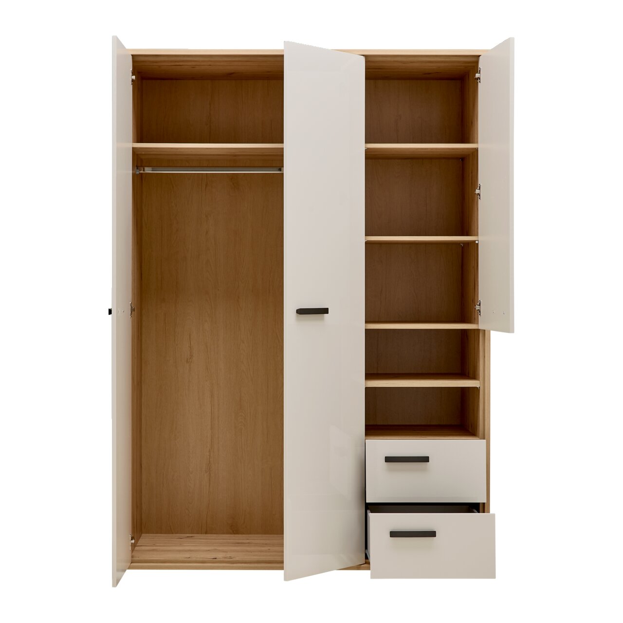 Offener Kleiderschrank mit zwei Türen, einer Kleiderstange, mehreren Regalböden und zwei Schubladen, frontal betrachtet.