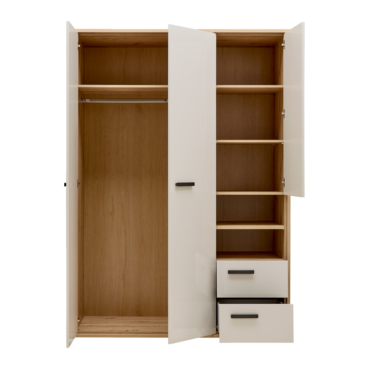 Offener Kleiderschrank mit zwei Türen, einer Kleiderstange, mehreren Regalböden und zwei Schubladen, frontal betrachtet.