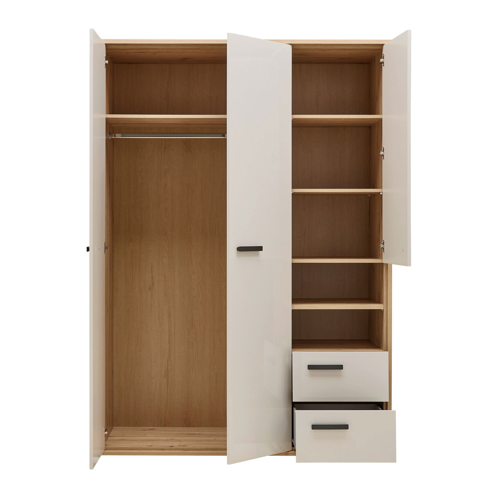 Offener Kleiderschrank mit zwei Türen, einer Kleiderstange, mehreren Regalböden und zwei Schubladen, frontal betrachtet.
