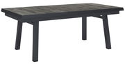 Großer, ausziehbarer Gartentisch mit dunkler Holzoptik und stabilen, schwarzen Metallbeinen, seitliche Perspektive