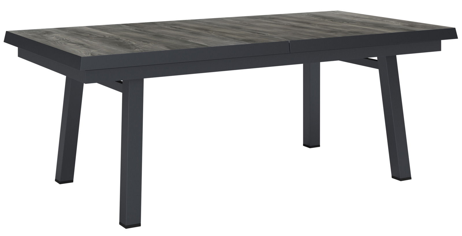 Großer, ausziehbarer Gartentisch mit dunkler Holzoptik und stabilen, schwarzen Metallbeinen, seitliche Perspektive