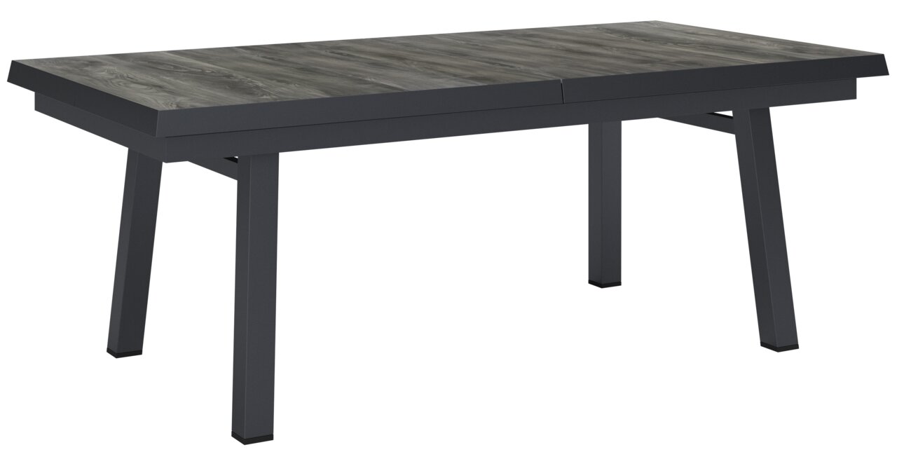 Großer, ausziehbarer Gartentisch mit dunkler Holzoptik und stabilen, schwarzen Metallbeinen, seitliche Perspektive